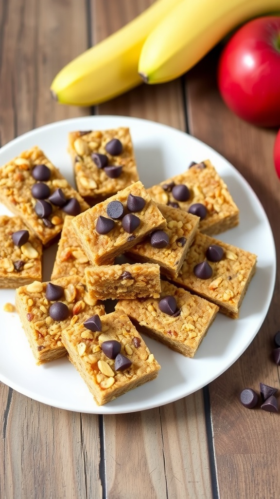Nutty quinoa crunch bars arranged on a plate, topped with chocolate chips and surrounded by fresh fruits.